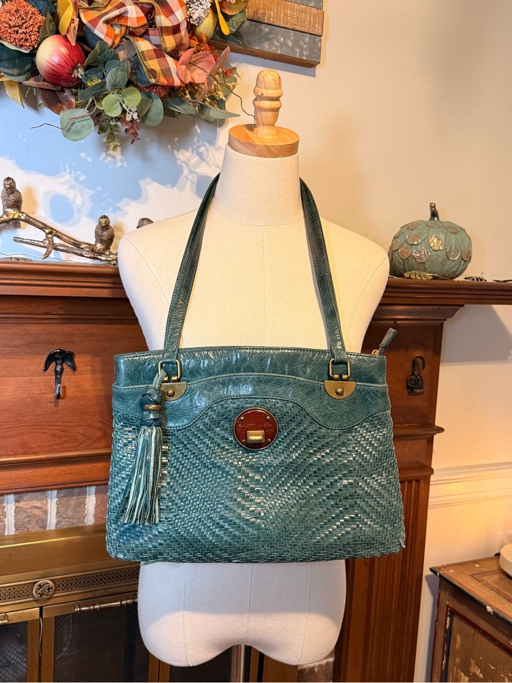 Elliott Lucca Teal Woven Leather Tote Bag Tassel Brass Hardware Boho Shoulder
